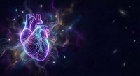 Glowing neon anatomical heart with electric purple and blue energy surrounded by cosmic nebula and stars in deep space for medical and science concepts.