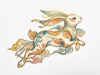 Leaping rabbit in traditional Asian art style with colorful floral and cloud motifs, isolated on transparent background, ready for t-shirts, stickers, and print on demand.