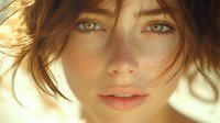 Young woman with freckles and natural makeup in warm sunlight, messy brown hair framing face, soft glowing skin and coral lips, dreamy atmospheric portrait.