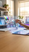 Designer working with holographic color palette and digital interface display on transparent screen in bright studio workspace.