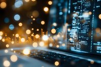 Financial data visualization with glowing charts and graphs on digital display, overlaid with golden bokeh lights creating modern business atmosphere.