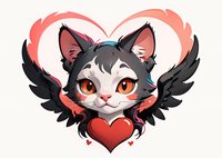 Cute cartoon cat character with black wings and red heart, perfect for Valentine's Day cards, stickers, or children's illustrations. Isolated design on white background.