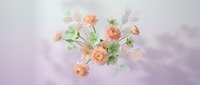 Delicate peach roses with green leaves floating on soft pastel background for wedding invitations, romantic greeting cards and floral design projects.