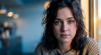 Young brunette woman with wavy hair wearing cozy sweater looking directly at camera with warm natural lighting and soft bokeh background for lifestyle content.