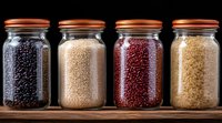 Glass jars filled with various dried beans and grains including black, white, red kidney beans and rice on wooden surface against dark background.