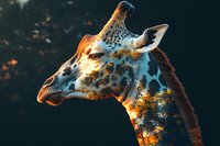 Majestic giraffe head profile at golden hour, sunlight creating dramatic shadows across spotted pattern, dark background enhances natural markings and texture.