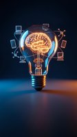 Glowing light bulb with brain filament surrounded by floating digital devices representing innovation, creativity, artificial intelligence and technology concepts.