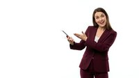 Professional businesswoman in burgundy suit presenting with pointer on white background for corporate training materials and business presentations.