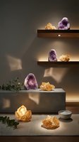 Purple amethyst geodes and golden citrine crystals displayed on modern wooden shelves with warm lighting for home decor and wellness spaces.