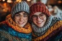 Young women wearing cozy winter knit accessories smile warmly in matching wool beanies and colorful scarves against blurred festive lights background.