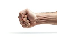 Male fist clenched tightly showing veins and muscle tension on white background, symbolizing strength, determination, and power.
