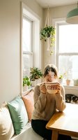 Young Caucasian woman laughing while holding steaming coffee mug at cozy home nook with plants, natural light, and a cat resting nearby.