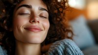 Young Mediterranean woman with curly dark hair and closed eyes smiling serenely while wearing cozy gray sweater, expressing joy and contentment in warm ambient lighting.
