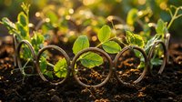 Young green seedlings growing through golden wedding rings in rich soil with warm sunlight creating natural bokeh background for growth and unity concepts.