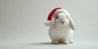 Adorable white bunny rabbit wearing a red Santa hat on neutral background, festive holiday pet portrait for seasonal greeting cards.