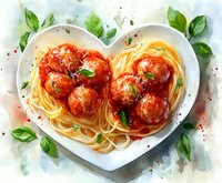Romantic heart-shaped plate with spaghetti and meatballs in tomato sauce, garnished with fresh basil leaves, watercolor style food illustration.