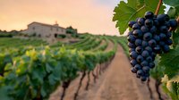 Ripe purple grape cluster in foreground with rows of vineyard stretching to rustic farmhouse at sunset, green vines and warm evening light in Tuscany landscape.