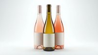 Three elegant wine bottles with blank labels on white background, featuring rosé and white wine varieties for branding mockup and packaging design projects.