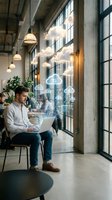 Young businessman using laptop with cloud computing technology icons in modern industrial office space with large windows and pendant lighting.