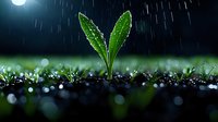 Young green sprout growing from soil during night rain with full moon and bokeh water drops, nature awakening and spring growth concept.
