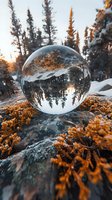 Crystal ball on snowy rock reflects winter forest landscape at sunset, with inverted pine trees and orange-tinted foliage creating magical atmosphere.