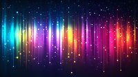 Vibrant rainbow aurora lights with glowing vertical streaks and sparkles on dark background, cosmic effect for party, music or celebration designs.