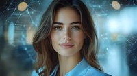 Young Caucasian woman with brown wavy hair and natural makeup smiling confidently against blue technological background with glowing network connections and bokeh effects.