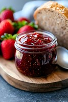 Fresh strawberry jam in glass jar with whole berries and crusty bread on wooden board, close-up view showing texture and seeds in homemade preserve.