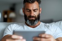 Mature bearded Caucasian man in white t-shirt focused on digital tablet screen while relaxing on couch at home. Soft natural lighting creates peaceful atmosphere.