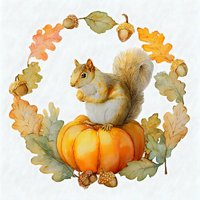 Cute squirrel sitting on orange pumpkin surrounded by autumn leaves and acorns wreath on white background for fall seasonal designs.