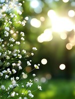 Delicate white baby's breath flowers against blurred green background with soft bokeh light effects creating dreamy spring atmosphere for wedding and romantic designs.