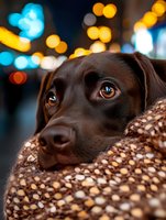 Close up portrait of chocolate Labrador with soulful brown eyes against blurred city lights background, wrapped in sequined golden blanket. Pet photography.