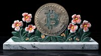 Silver cryptocurrency coin with pink flowers on marble base, digital finance meets nature concept, decorative composition for business presentations.