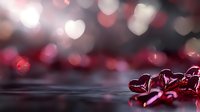 Red glass hearts on reflective surface with romantic bokeh lights in background creating dreamy Valentine's Day atmosphere for love and romance concepts.