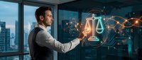 Legal professional interacting with glowing scales of justice hologram in modern office with city skyline, representing law, technology, and digital innovation.
