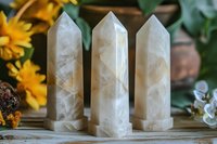 White quartz crystal points with natural inclusions arranged on wooden surface surrounded by yellow flowers and greenery, spiritual healing stones display.
