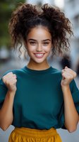 Young mixed race woman with curly hair wearing teal sweater and yellow skirt expressing joy and excitement with raised fists and bright genuine smile outdoors.