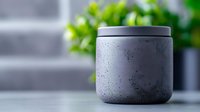 Minimalist gray reusable container with water drops on matte surface against blurred green plant background, eco-friendly sustainable lifestyle concept.