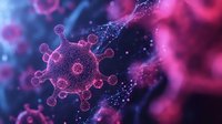 Microscopic view of pink glowing virus cell structure with spike proteins floating in dark blue space, scientific medical visualization showing molecular details.