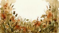 Watercolor autumn wildflower meadow border with warm orange and brown blooms, dried grasses and seed heads creating natural frame for text or design elements.
