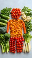 Fresh vegetables arranged in shape of human figure on gray background. Colorful healthy food art composition with carrots, tomatoes, broccoli, cucumber and cauliflower.