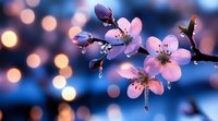 Pink cherry blossoms with water drops against blurred bokeh lights background in blue and gold tones, creating dreamy spring atmosphere.