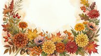 Watercolor autumn floral wreath border with chrysanthemums, berries, and fall leaves in warm orange, red, and yellow tones, copy space in center.