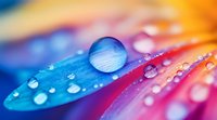 Macro photography of water drops on vibrant rainbow colored flower petals showing surface tension and natural refraction in morning dew. For nature and abstract designs.