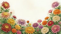 Colorful chrysanthemum flowers border frame with autumn blooms in orange, pink, purple and yellow tones on light background for seasonal designs.