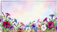 Watercolor floral border frame with colorful petunias and green leaves on soft gradient background for greeting cards, invitations and decorative designs.