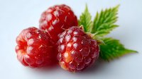 Fresh ripe red raspberries with green leaf on white background, macro shot showing detailed texture and natural juicy appearance. Food photography.