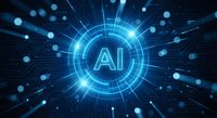 Artificial intelligence concept with glowing AI letters surrounded by digital circuits and light rays on dark blue technology background.