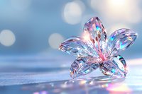 Crystal glass flower with rainbow reflections on soft blue bokeh background, delicate petals catching light creating prismatic effects. Macro photography.
