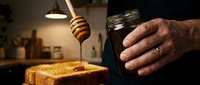 Close-up of honey dripping from wooden dipper onto toasted bread slice, male hand holding glass jar in warm kitchen setting with pendant lighting.